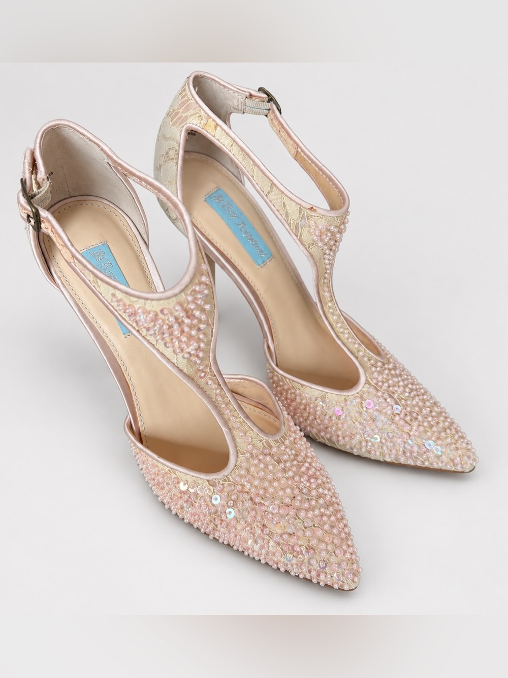 Betsey Johnson SB-Eliza Pearl Beaded Lace T-Strap Heels Size 8